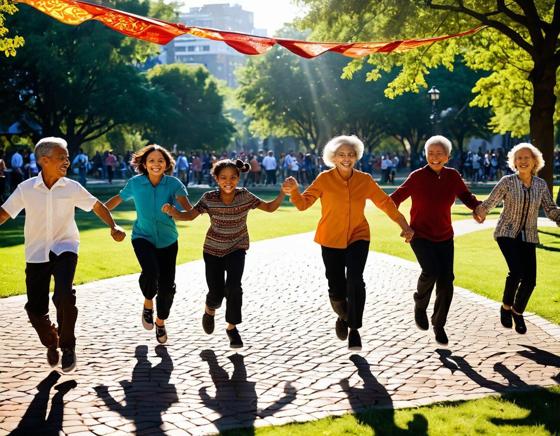 A dynamic scene depicting diverse individuals of different ages and backgrounds joyfully jump roping in an urban park, showcasing a fusion of cultures. Vibrant banners symbolizing various cultural heritages flutter in the breeze, while playful onlookers cheer them on. The ground is a mosaic of traditional patterns, and the sunlight casts lively shadows, symbolizing movement and connection. super-realistic. vibrant colors. outdoor setting.