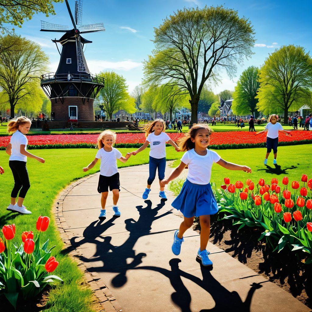 A lively scene of children and adults joyfully participating in a Double Dutch jump rope session in a picturesque Dutch park, with traditional windmills and tulips in the background. The atmosphere is vibrant and energetic, capturing the essence of community and culture. Bright blue skies overhead enhance the cheerful mood, and diverse participants showcase various expressions of joy and connection. The image should evoke feelings of camaraderie and celebration. super-realistic. vibrant colors. natural settings.