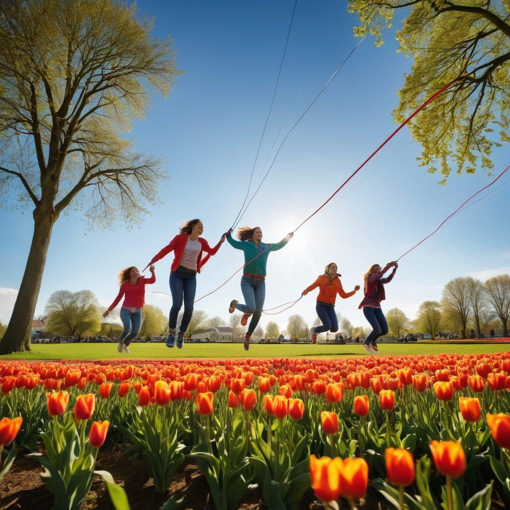 A dynamic scene of a diverse group of people joyfully jumping double dutch ropes in a sunny park, showcasing their athleticism and camaraderie. In the background, elements of classic Dutch culture such as windmills and tulip fields contrast with the energetic atmosphere. The colors are vibrant, with a bright blue sky and colorful jump ropes. Capture expressions of excitement and laughter. super-realistic. vibrant colors. outdoor setting.